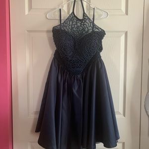 around the neck blue beaded homecoming dress